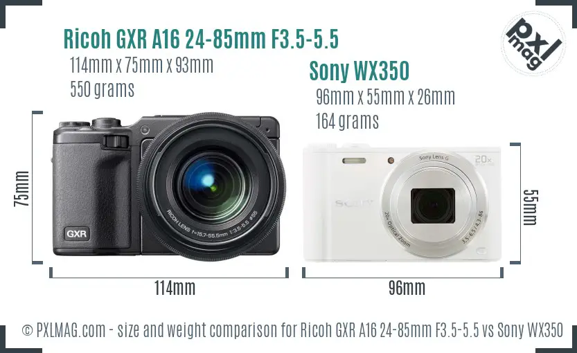 Ricoh GXR A16 24-85mm F3.5-5.5 vs Sony WX350 size comparison