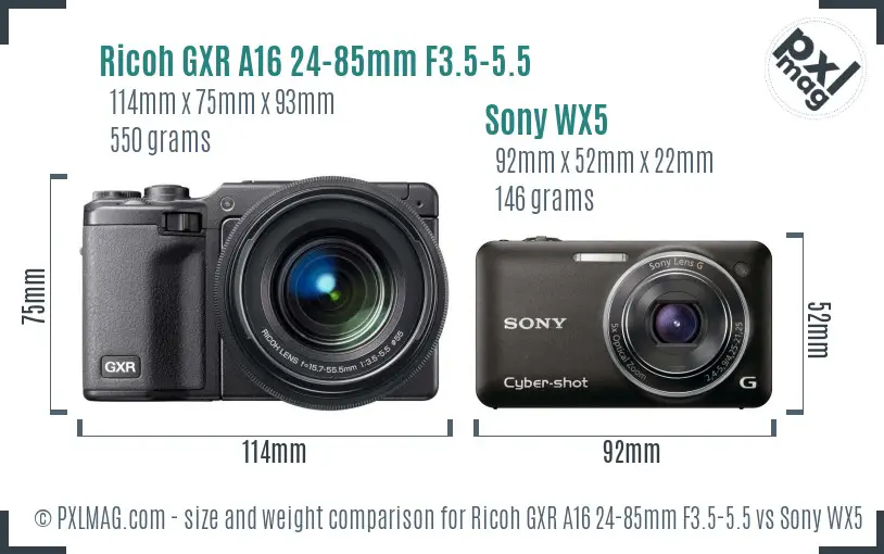 Ricoh GXR A16 24-85mm F3.5-5.5 vs Sony WX5 size comparison