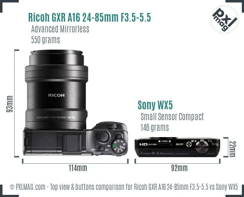 Ricoh GXR A16 24-85mm F3.5-5.5 vs Sony WX5 top view buttons comparison