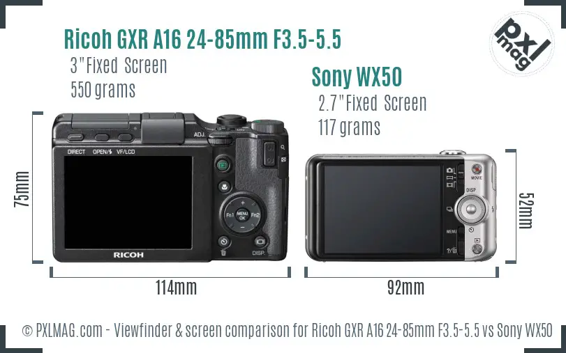 Ricoh GXR A16 24-85mm F3.5-5.5 vs Sony WX50 Screen and Viewfinder comparison