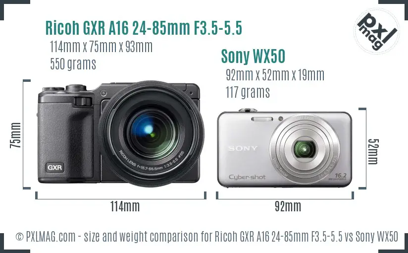 Ricoh GXR A16 24-85mm F3.5-5.5 vs Sony WX50 size comparison