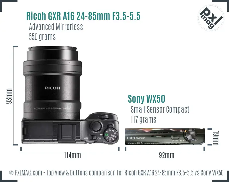Ricoh GXR A16 24-85mm F3.5-5.5 vs Sony WX50 top view buttons comparison