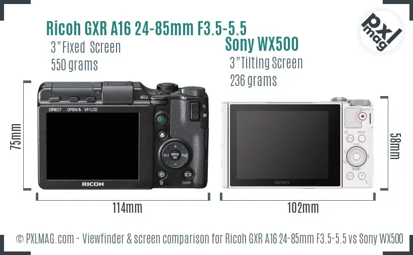 Ricoh GXR A16 24-85mm F3.5-5.5 vs Sony WX500 Screen and Viewfinder comparison