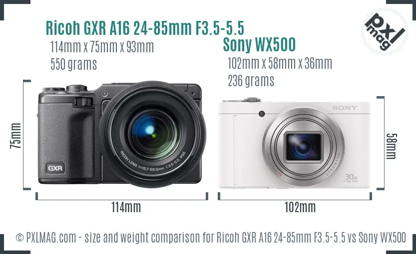 Ricoh GXR A16 24-85mm F3.5-5.5 vs Sony WX500 size comparison