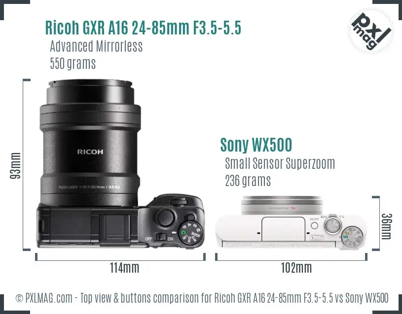 Ricoh GXR A16 24-85mm F3.5-5.5 vs Sony WX500 top view buttons comparison