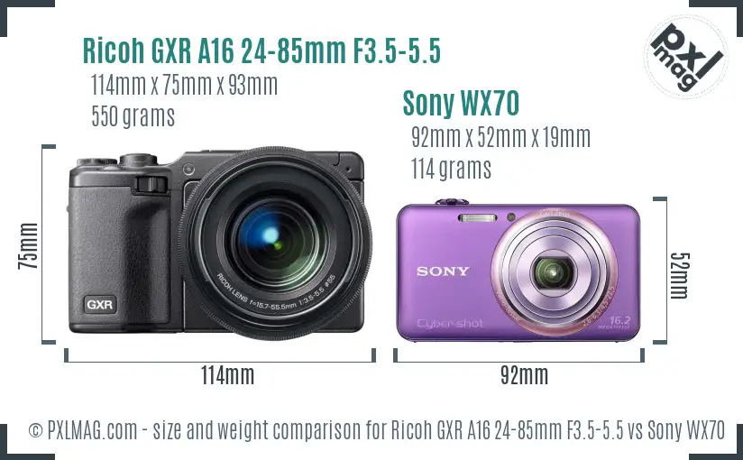 Ricoh GXR A16 24-85mm F3.5-5.5 vs Sony WX70 size comparison