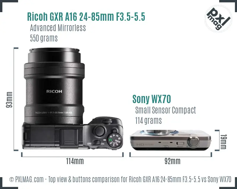 Ricoh GXR A16 24-85mm F3.5-5.5 vs Sony WX70 top view buttons comparison