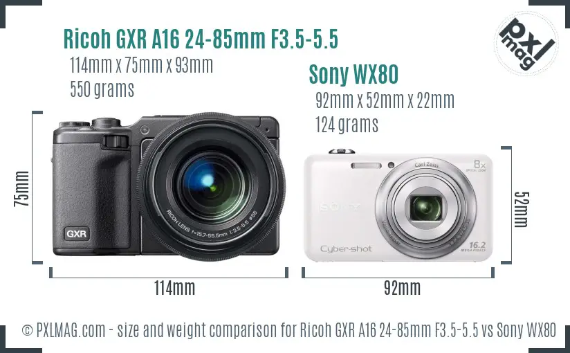 Ricoh GXR A16 24-85mm F3.5-5.5 vs Sony WX80 size comparison