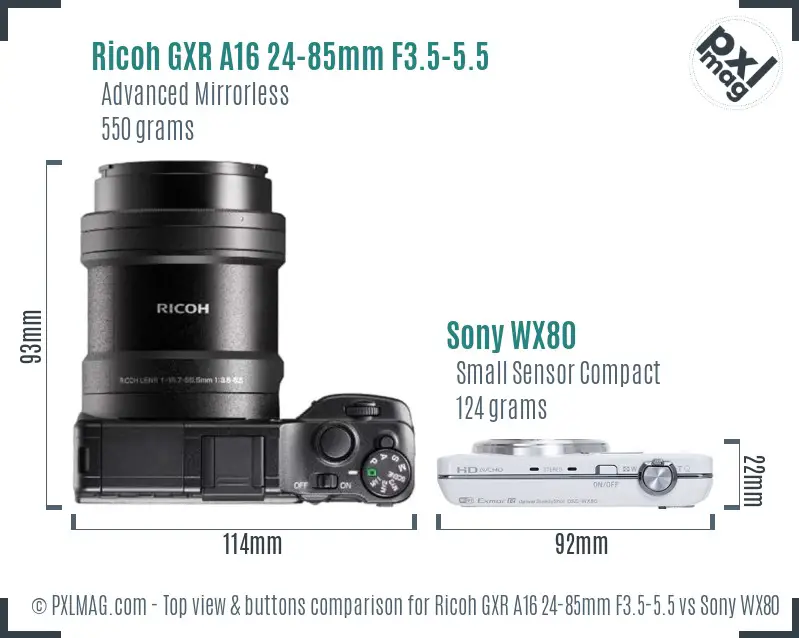 Ricoh GXR A16 24-85mm F3.5-5.5 vs Sony WX80 top view buttons comparison