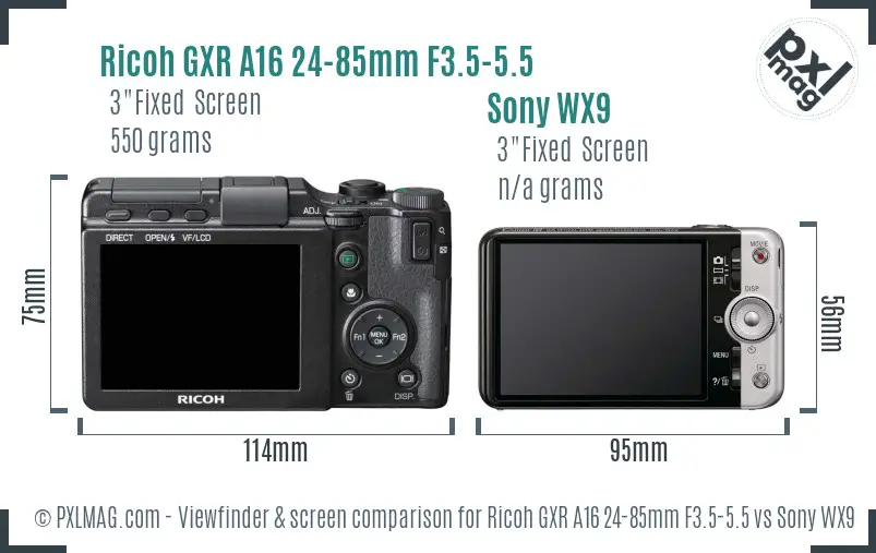 Ricoh GXR A16 24-85mm F3.5-5.5 vs Sony WX9 Screen and Viewfinder comparison