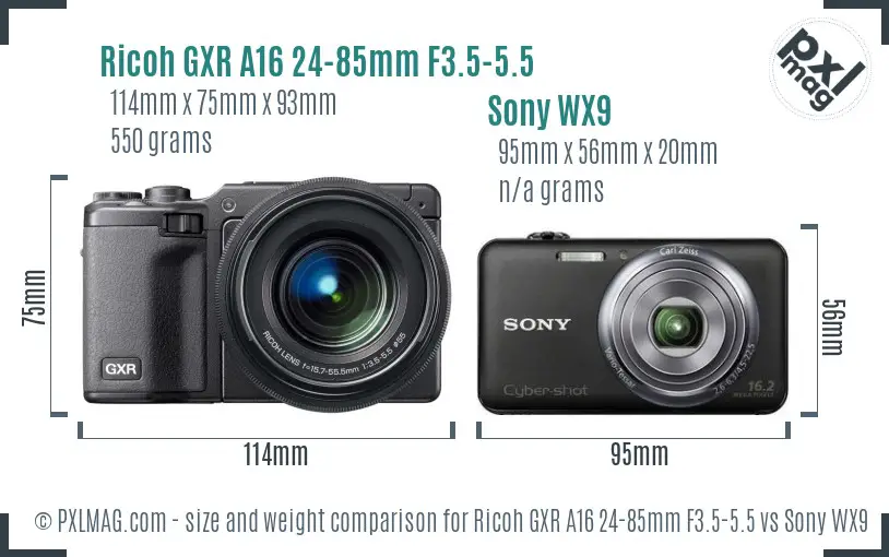 Ricoh GXR A16 24-85mm F3.5-5.5 vs Sony WX9 size comparison