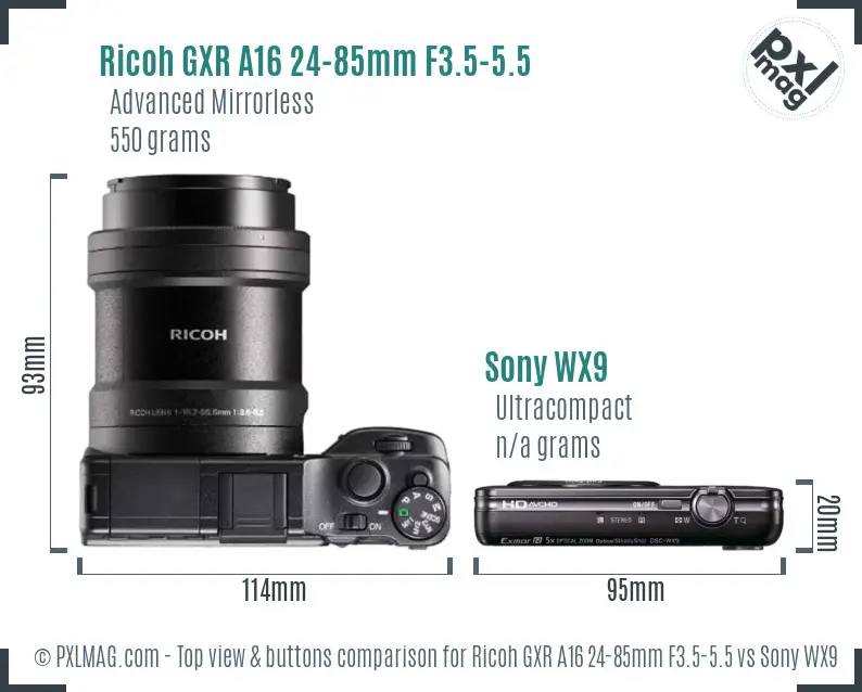 Ricoh GXR A16 24-85mm F3.5-5.5 vs Sony WX9 top view buttons comparison