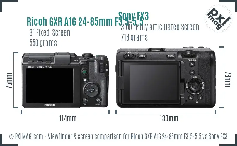 Ricoh GXR A16 24-85mm F3.5-5.5 vs Sony FX3 Screen and Viewfinder comparison Ricoh GXR A16 24-85mm F3.5-5.5 vs Sony FX3 Screen and Viewfinder comparison