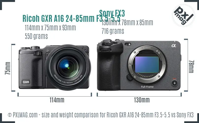 Ricoh GXR A16 24-85mm F3.5-5.5 vs Sony FX3 size comparison Ricoh GXR A16 24-85mm F3.5-5.5 vs Sony FX3 size comparison