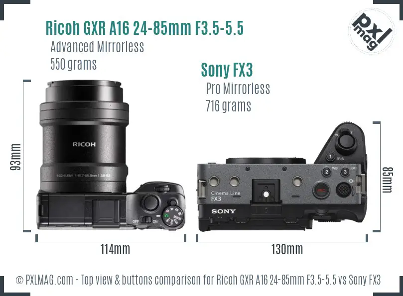 Ricoh GXR A16 24-85mm F3.5-5.5 vs Sony FX3 top view buttons comparison Ricoh GXR A16 24-85mm F3.5-5.5 vs Sony FX3 top view buttons comparison