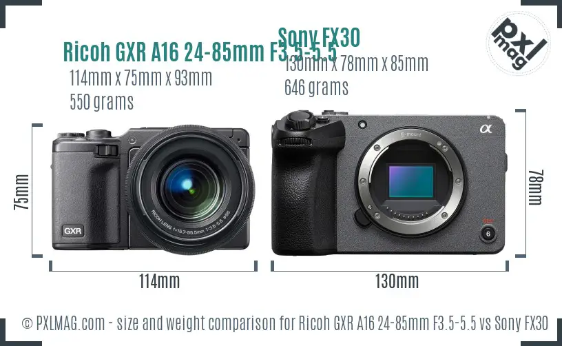 Ricoh GXR A16 24-85mm F3.5-5.5 vs Sony FX30 size comparison