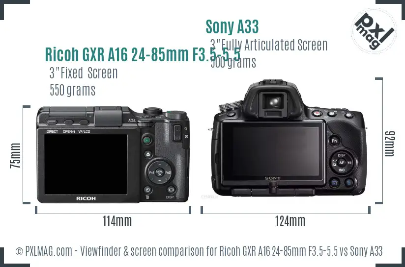 Ricoh GXR A16 24-85mm F3.5-5.5 vs Sony A33 Screen and Viewfinder comparison