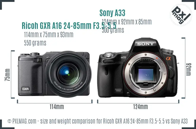 Ricoh GXR A16 24-85mm F3.5-5.5 vs Sony A33 size comparison