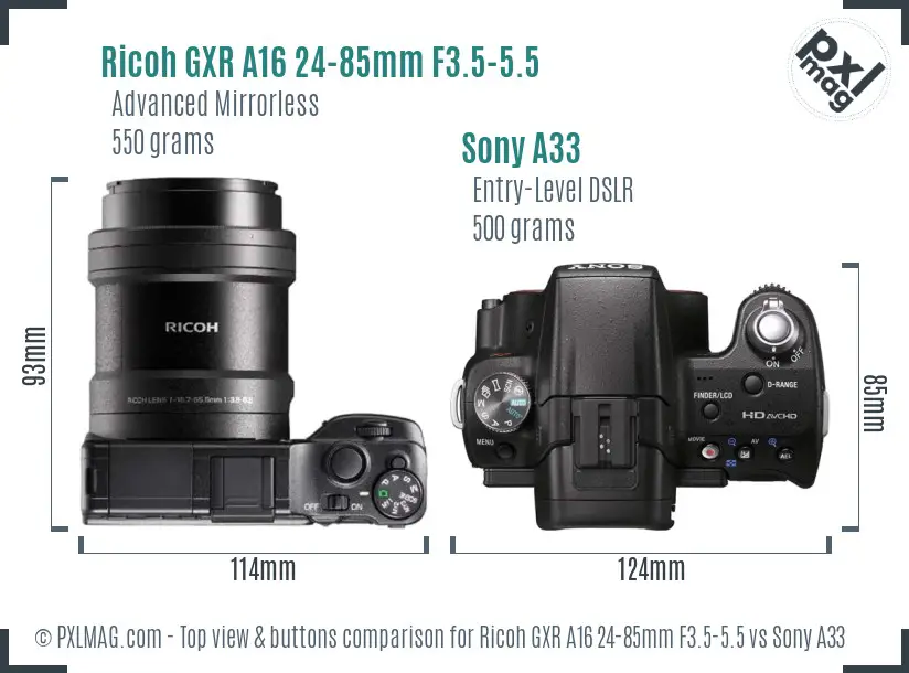 Ricoh GXR A16 24-85mm F3.5-5.5 vs Sony A33 top view buttons comparison