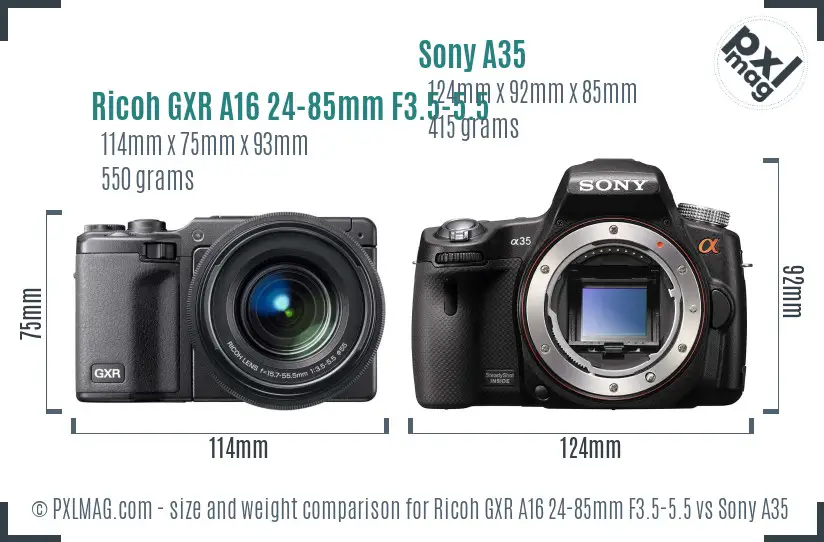 Ricoh GXR A16 24-85mm F3.5-5.5 vs Sony A35 size comparison