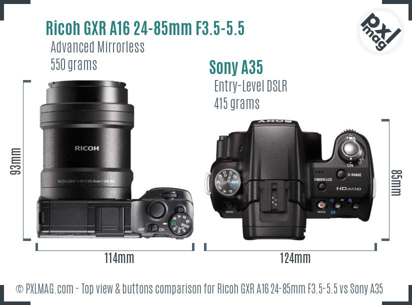 Ricoh GXR A16 24-85mm F3.5-5.5 vs Sony A35 top view buttons comparison