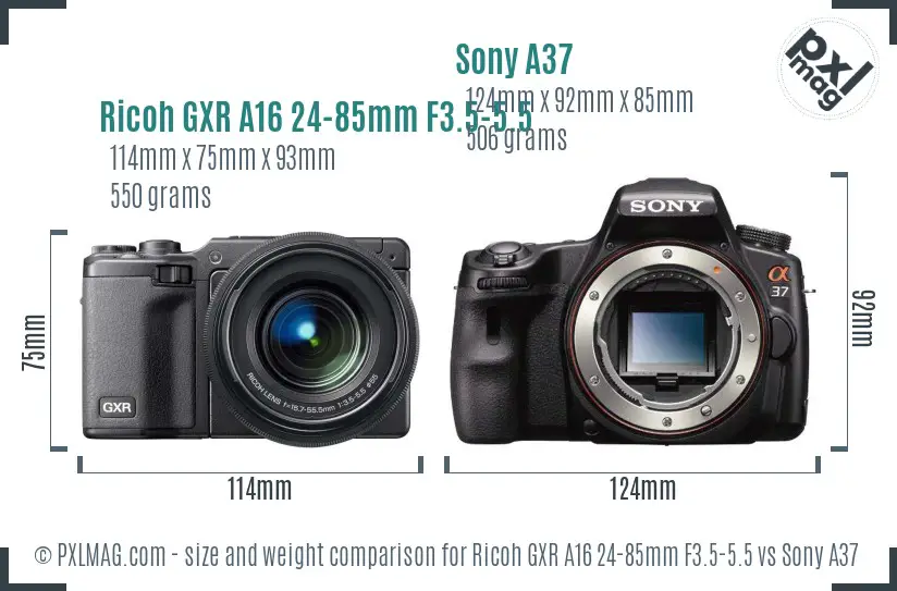 Ricoh GXR A16 24-85mm F3.5-5.5 vs Sony A37 size comparison