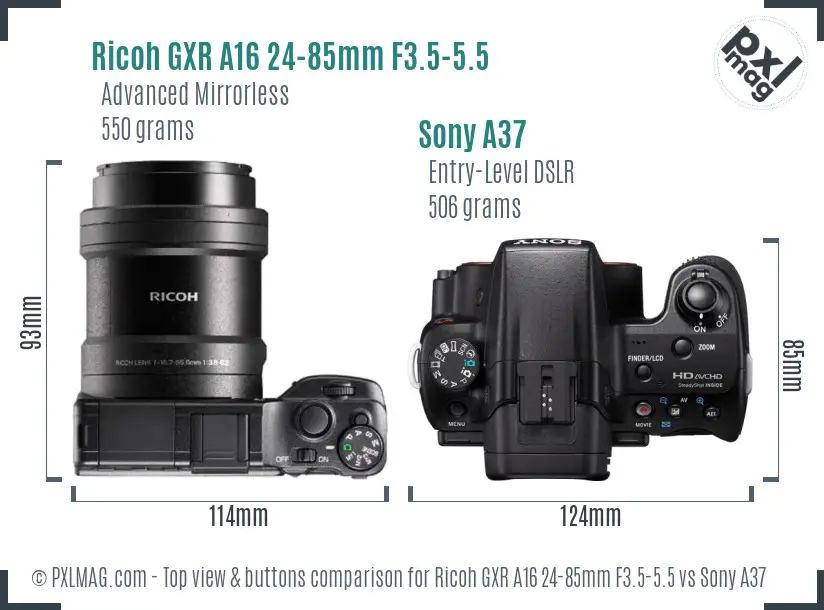 Ricoh GXR A16 24-85mm F3.5-5.5 vs Sony A37 top view buttons comparison