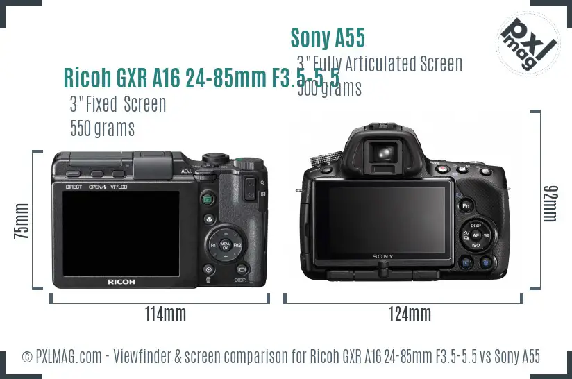 Ricoh GXR A16 24-85mm F3.5-5.5 vs Sony A55 Screen and Viewfinder comparison