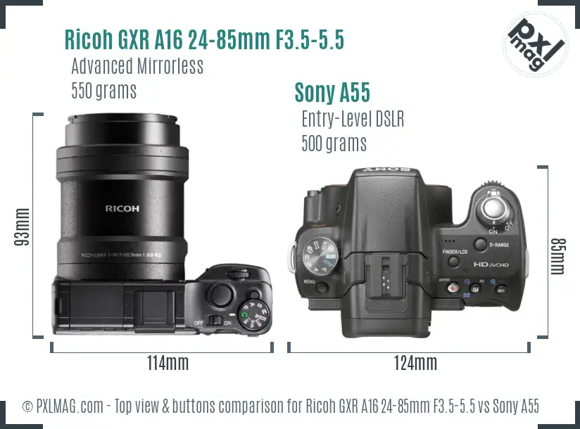 Ricoh GXR A16 24-85mm F3.5-5.5 vs Sony A55 top view buttons comparison