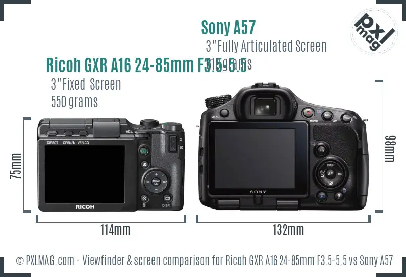 Ricoh GXR A16 24-85mm F3.5-5.5 vs Sony A57 Screen and Viewfinder comparison