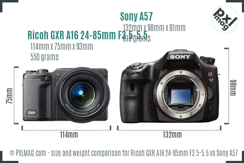 Ricoh GXR A16 24-85mm F3.5-5.5 vs Sony A57 size comparison