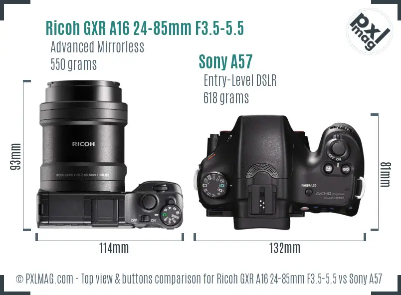 Ricoh GXR A16 24-85mm F3.5-5.5 vs Sony A57 top view buttons comparison