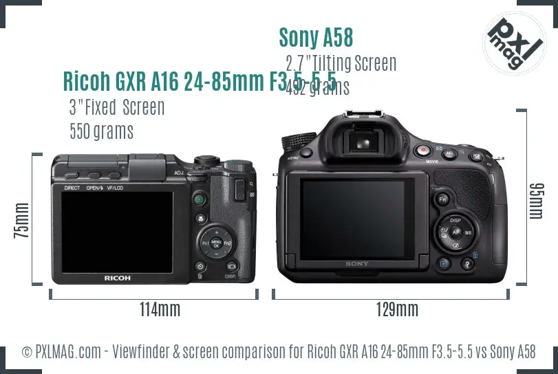 Ricoh GXR A16 24-85mm F3.5-5.5 vs Sony A58 Screen and Viewfinder comparison