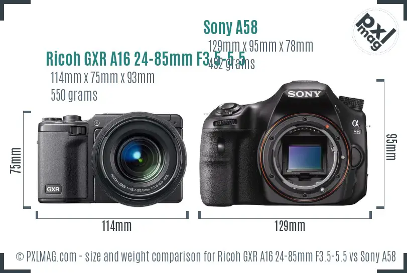 Ricoh GXR A16 24-85mm F3.5-5.5 vs Sony A58 size comparison
