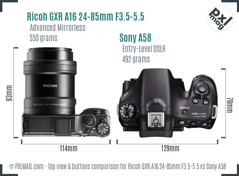 Ricoh GXR A16 24-85mm F3.5-5.5 vs Sony A58 top view buttons comparison