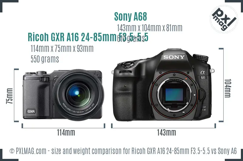 Ricoh GXR A16 24-85mm F3.5-5.5 vs Sony A68 size comparison