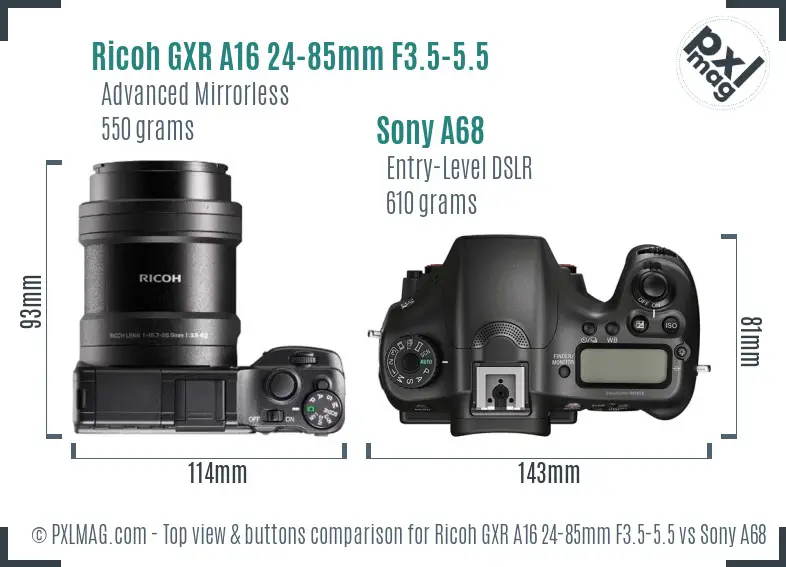 Ricoh GXR A16 24-85mm F3.5-5.5 vs Sony A68 top view buttons comparison