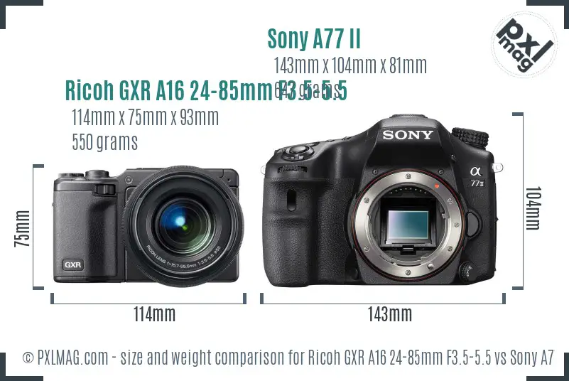 Ricoh GXR A16 24-85mm F3.5-5.5 vs Sony A77 II size comparison