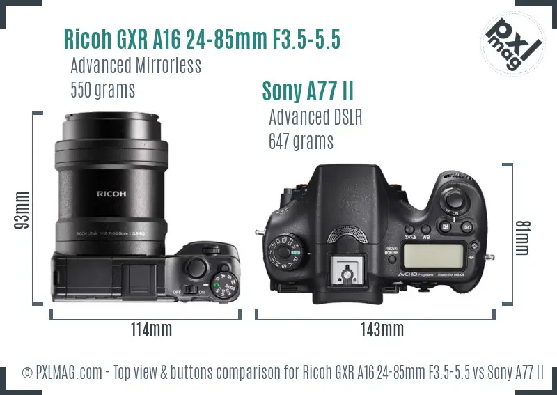 Ricoh GXR A16 24-85mm F3.5-5.5 vs Sony A77 II top view buttons comparison