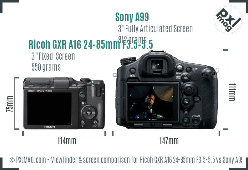 Ricoh GXR A16 24-85mm F3.5-5.5 vs Sony A99 Screen and Viewfinder comparison