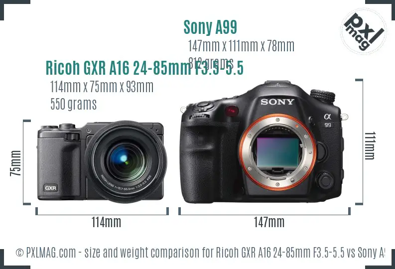 Ricoh GXR A16 24-85mm F3.5-5.5 vs Sony A99 size comparison