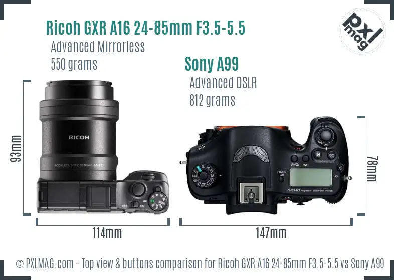 Ricoh GXR A16 24-85mm F3.5-5.5 vs Sony A99 top view buttons comparison