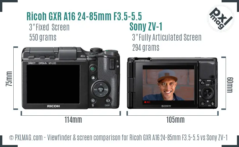 Ricoh GXR A16 24-85mm F3.5-5.5 vs Sony ZV-1 Screen and Viewfinder comparison