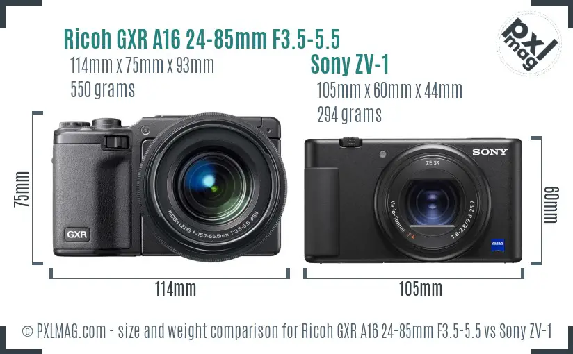 Ricoh GXR A16 24-85mm F3.5-5.5 vs Sony ZV-1 size comparison