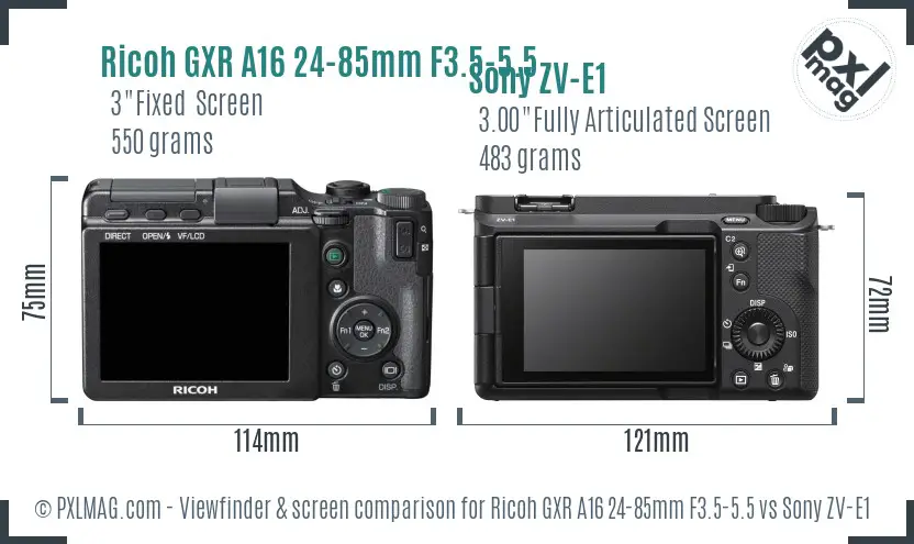 Ricoh GXR A16 24-85mm F3.5-5.5 vs Sony ZV-E1 Screen and Viewfinder comparison Ricoh GXR A16 24-85mm F3.5-5.5 vs Sony ZV-E1 Screen and Viewfinder comparison