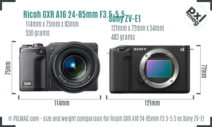 Ricoh GXR A16 24-85mm F3.5-5.5 vs Sony ZV-E1 size comparison Ricoh GXR A16 24-85mm F3.5-5.5 vs Sony ZV-E1 size comparison