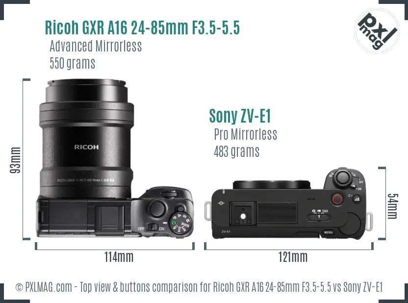 Ricoh GXR A16 24-85mm F3.5-5.5 vs Sony ZV-E1 top view buttons comparison Ricoh GXR A16 24-85mm F3.5-5.5 vs Sony ZV-E1 top view buttons comparison
