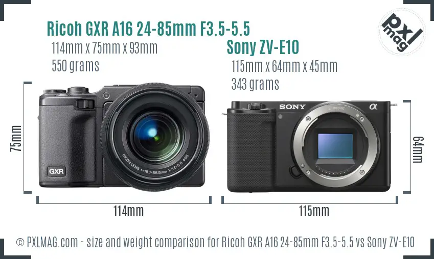 Ricoh GXR A16 24-85mm F3.5-5.5 vs Sony ZV-E10 size comparison