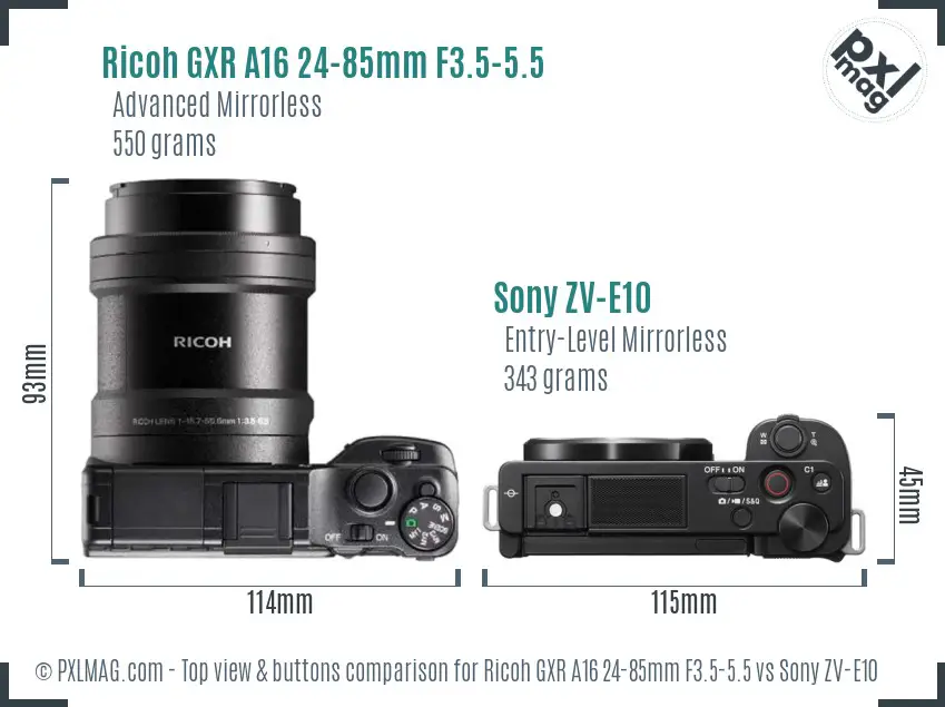 Ricoh GXR A16 24-85mm F3.5-5.5 vs Sony ZV-E10 top view buttons comparison