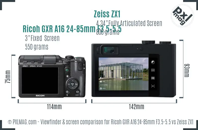 Ricoh GXR A16 24-85mm F3.5-5.5 vs Zeiss ZX1 Screen and Viewfinder comparison